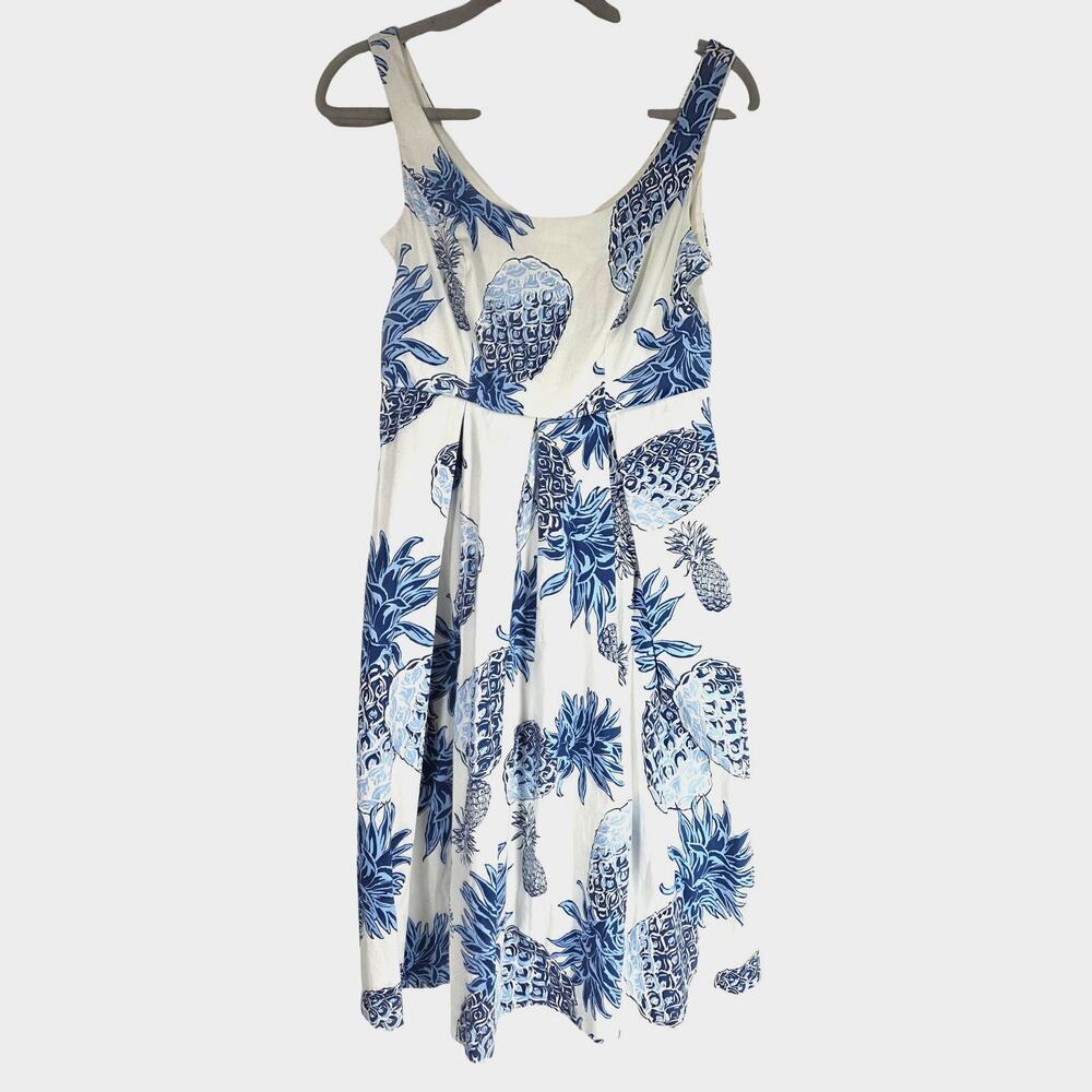 Chetta B Dress Womens 4 Blue White Pineapple Fit Flare Midi Tropical Summer